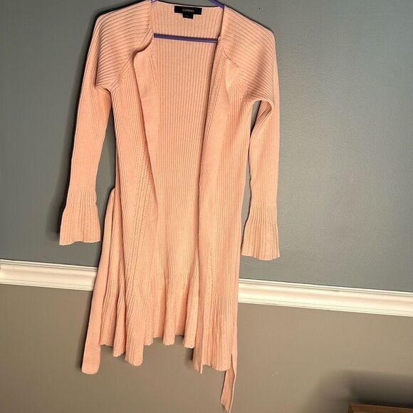 Express baby pink long knit cardigan sweater open front‎ tie waist layering - Picture 3 of 8
